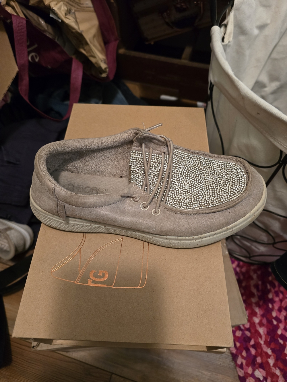Skechers Taupe Suede Slip-On with Rhinestone Toe